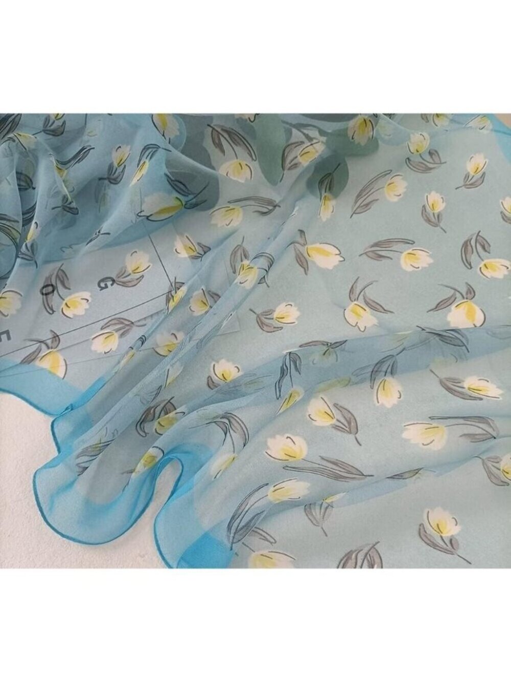 Women's  Light Blue Fashion Lightweight Head Scarf Floral Print Chiffon Scarves - Picture 3 of 5